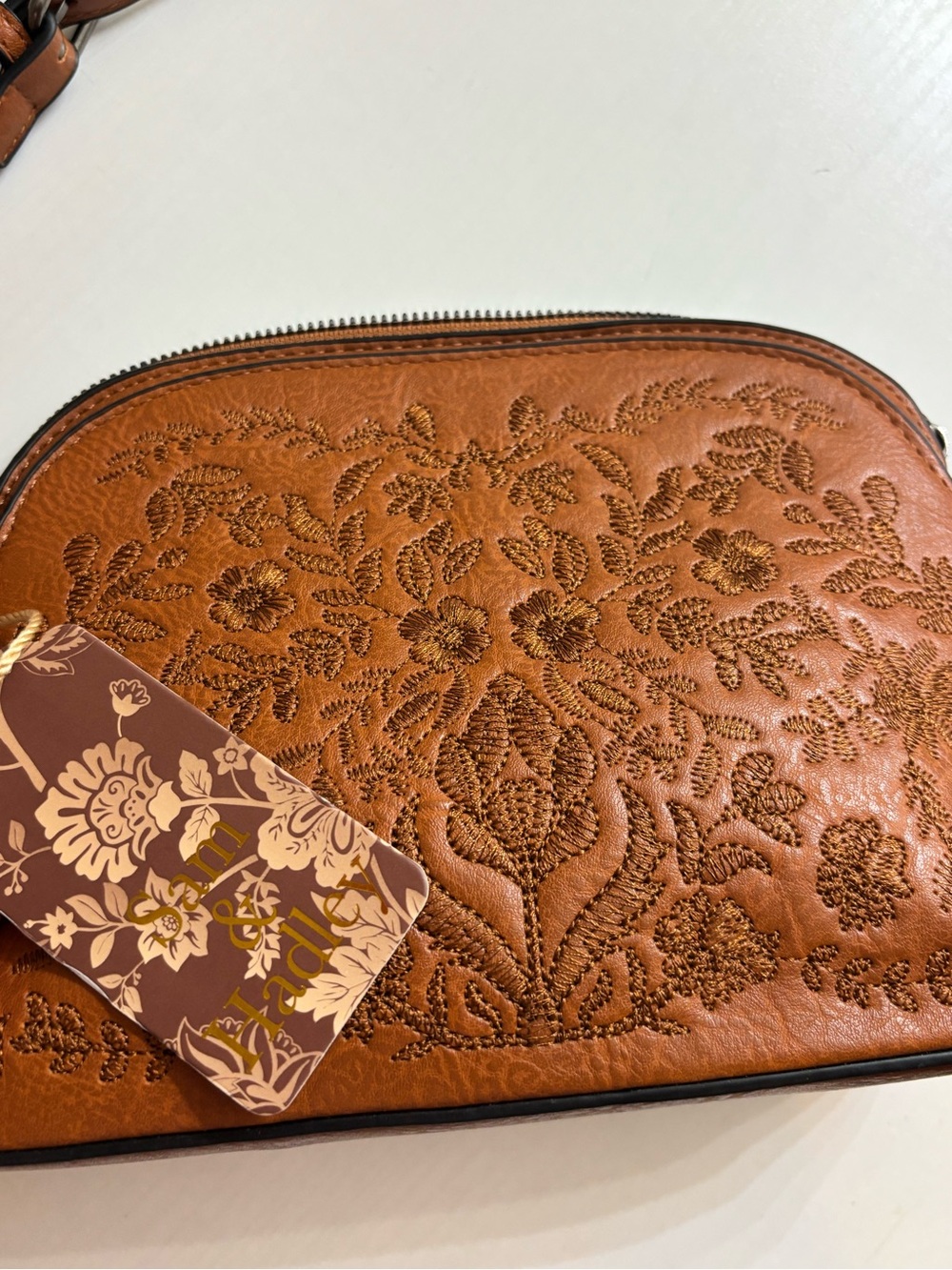 Embroidered Floral Leather Crossbody Bag - Brown